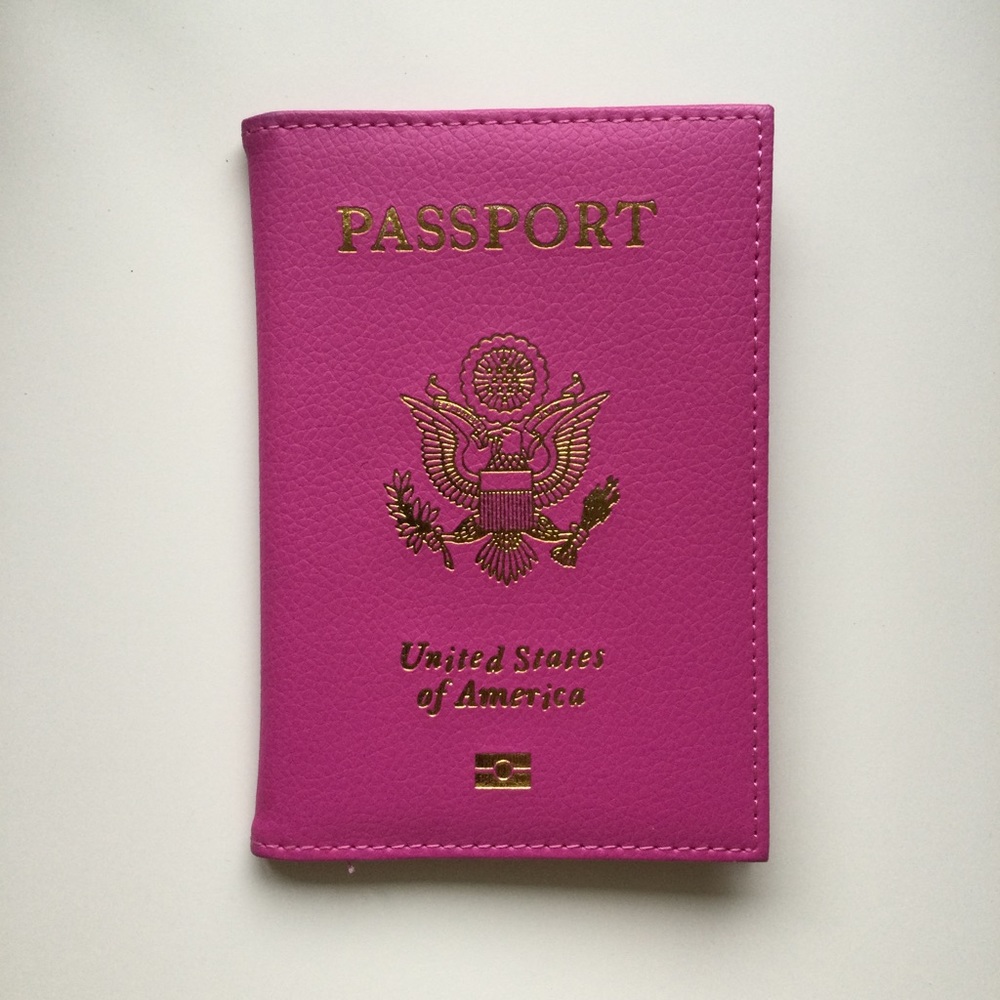 Pink Passport Holder Faux Leather Gold Black Plastic United States of America
